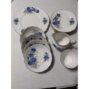 Vintage Royal Vale B568 Bone China Blue Floral Gold Trim Tea Set Engla